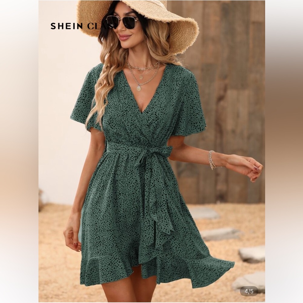 SHEIN Elegant Green and Black Dalmatian Wrap Dress, Size XL (US 12) - Picture 4 of 7